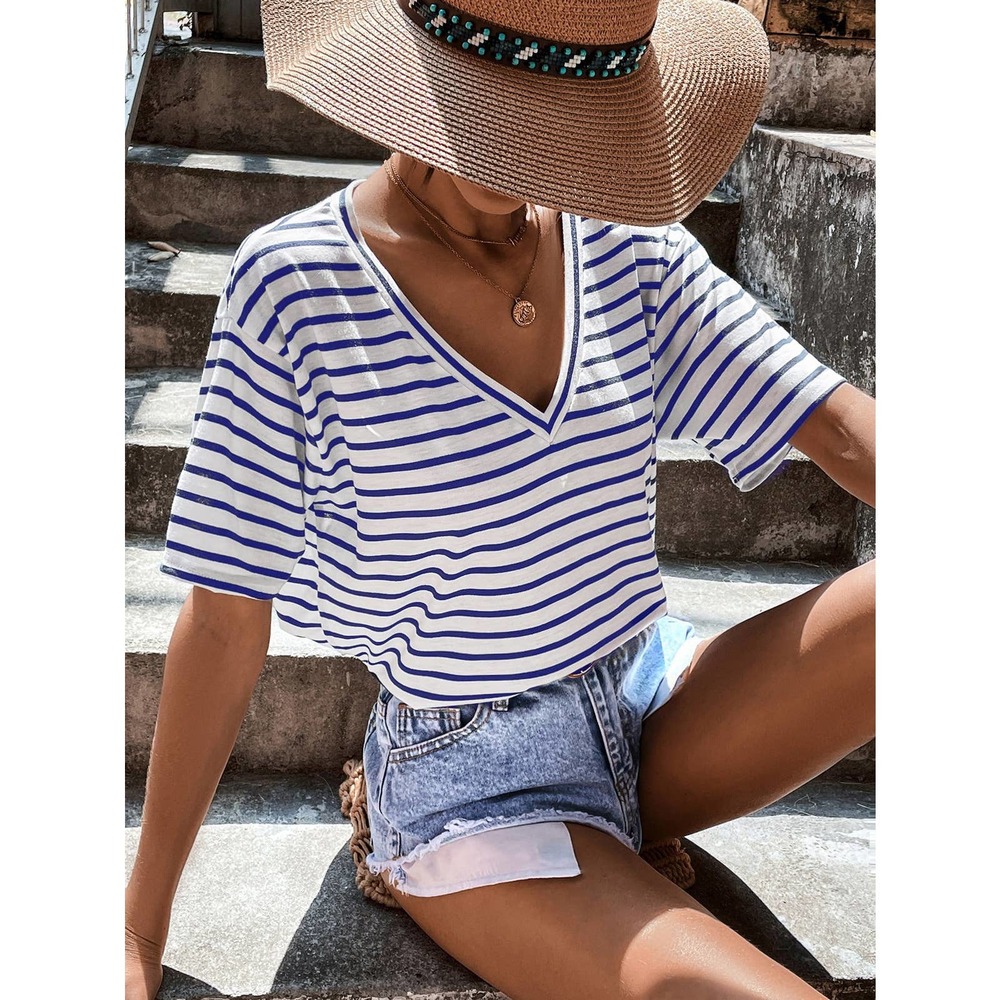 Classic preppy Striped V Neck Tee shirt top white black - Picture 8 of 11